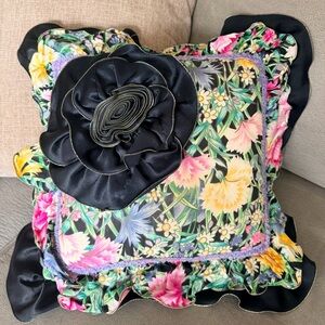 Floral Decorative Pillow with Black Satin Flower